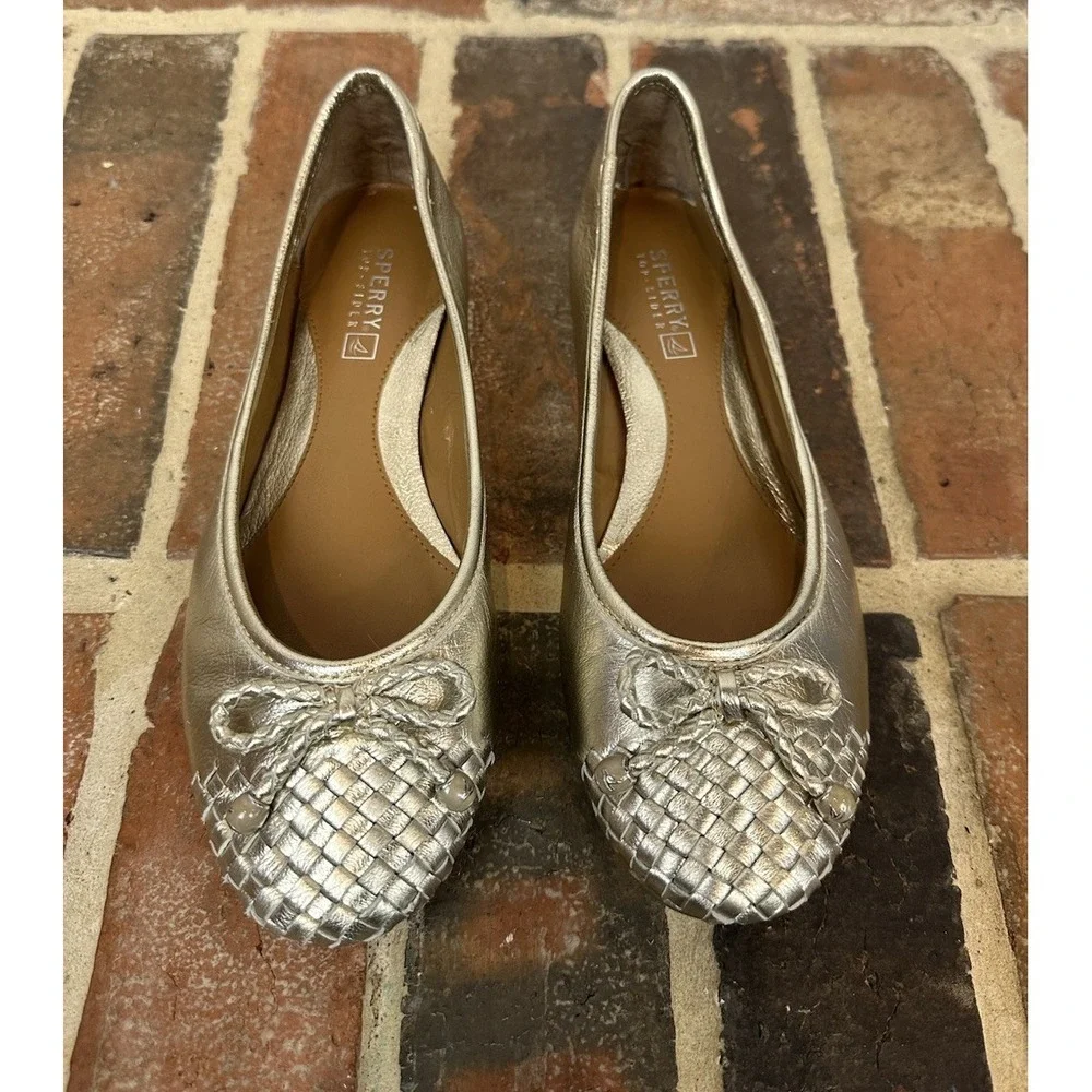 Sperry Maya Gold Metallic Leather‎ Weave Cushioned Ballet Flats Bow Women's 6.5